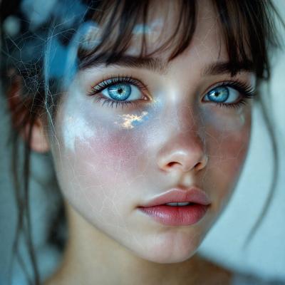 The primary subject of the image is a woman with blue eyes, wearing makeup and looking at the camera. She is standing in front of a window, which serves as the setting for the background. The visual style of the image is a close-up portrait, with the woman's face being the main focus. The colors in the image are predominantly white and blue, creating a calm and serene atmosphere.